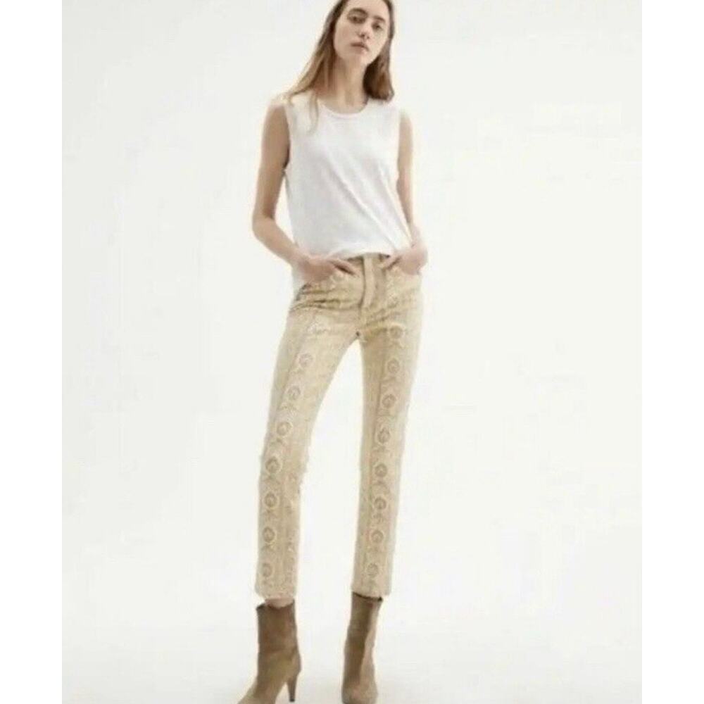 NILI LOTAN Mid Rise Ankle Jeans Khaki Wallpaper Emblem Gold Size 28